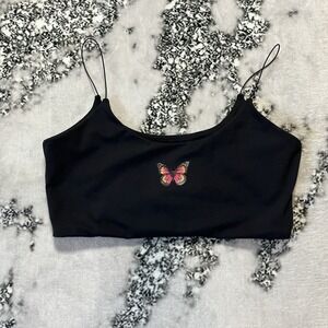 White Fox Top Womens Size Medium Black Butterfly Cropped‎ Cami